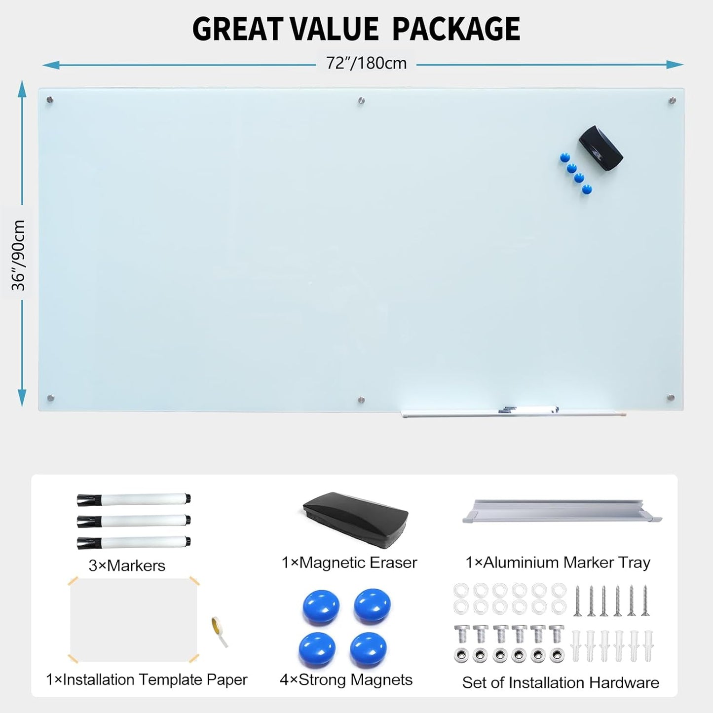 Magnetic Glass Whiteboard 36"X72" Dry Erase Board White Board Wall Mounted WritingBoard for Office School Home Accessory Tray 3 Dry Erase Marker 4 Glass Board Magnets and 1 Magnetic Eraser