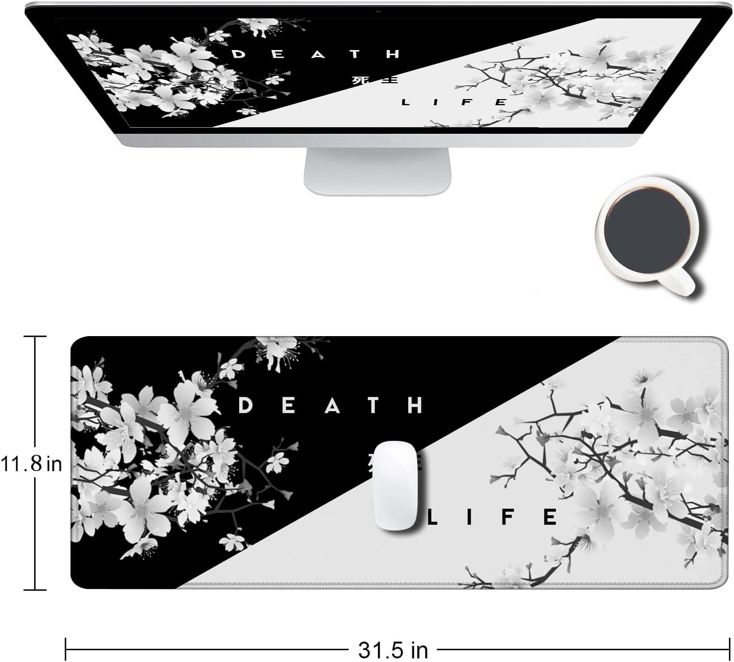 Gaming Mouse Pad, Large Mouse Pads for Desk, Non-Slip Rubber Base Mousepad, Keyboard Mouse Mat Desk Pad with Stitched Edges, 31.5x11.8 inch Sakura Death Life Floral