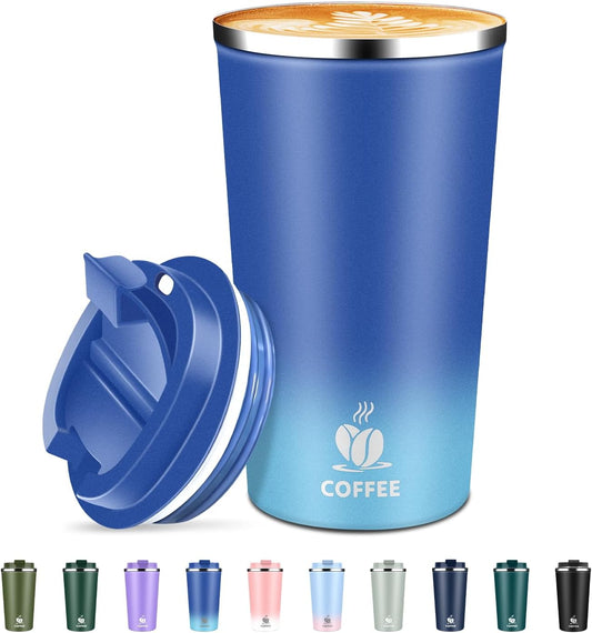 Insulated Travel Coffee Mug Reusable Coffee Tumbler Cup with Flip Lid Leak Proof Spill Proof for Office School Party Camping Hot and Cold Drink,Stainless Steel 17oz (Light Dark Blue)