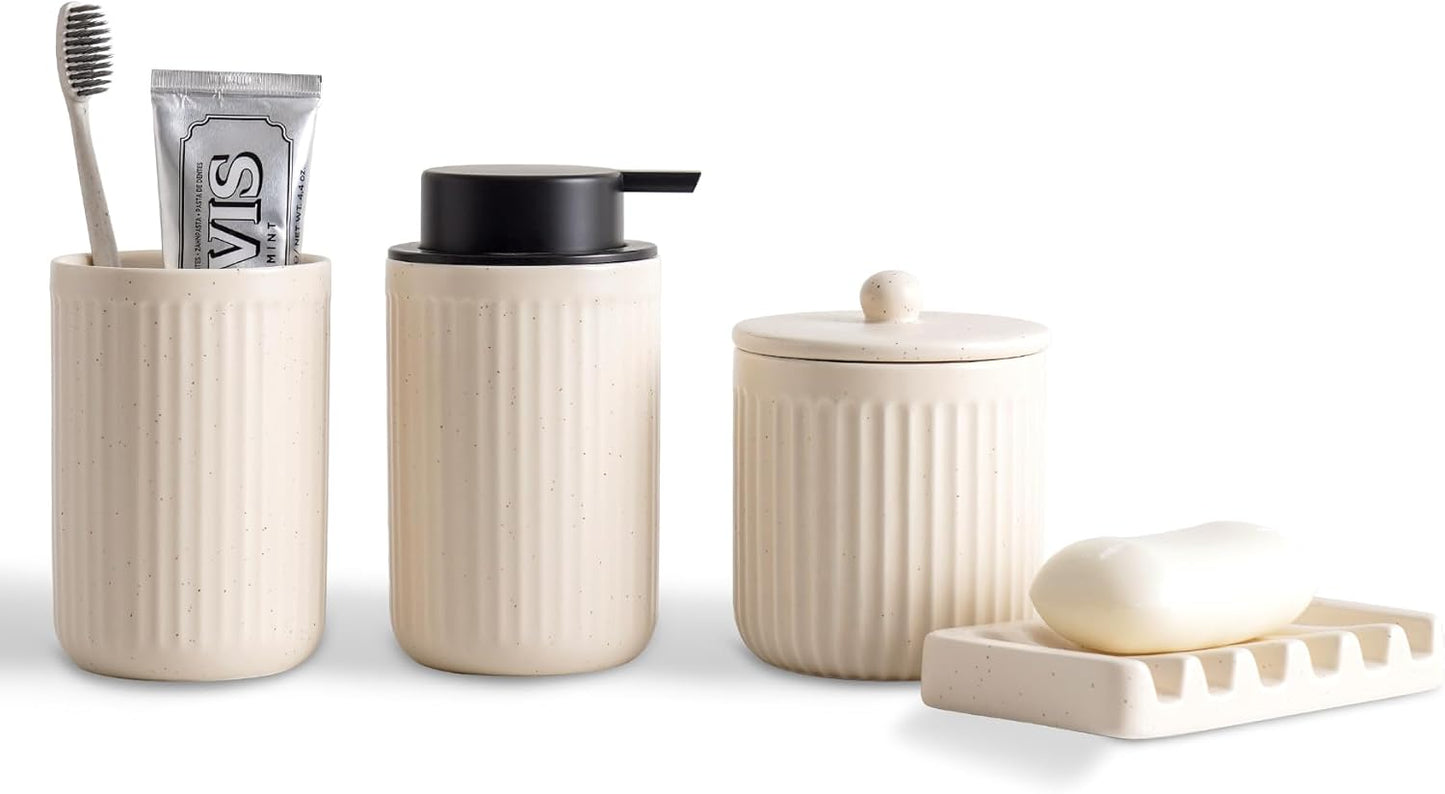 Ceramic Bathroom Accessories Set,Lotion Soap Dispenser and Toothbrush Holder Set, Soap Dish, Apothecary Jars,Rustic Farmhouse Decor, Bathroom Home Decor(Beige Set, Liquid)