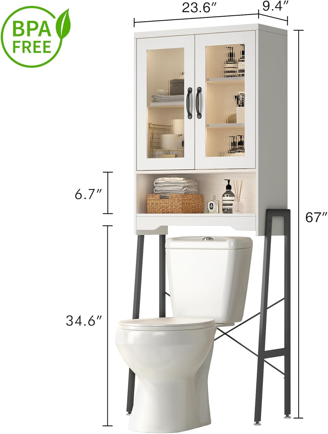 Over The Toilet Storage Cabinet with Tempered Glass Doors & Metal Stand, Over Toilet Organizer with Adjustable Shelf Space Saver Over Toilet , Tall Freestanding Shelf/Rack for Bathroom, Modern, White