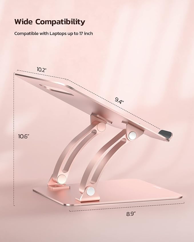 Nulaxy Fully Adjustable Laptop Stand for Desk, Dual Foldable Aluminum Computer Riser with Heat-Vent, Ergonomic Notebook Holder Portable Office Accessories Compatible with All 10-17" Laptops, Pink
