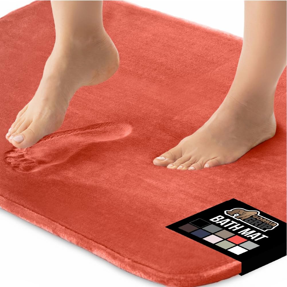 GORILLA GRIP Memory Foam Bath Mat, Soft Absorbent Velvet Bathroom Mats, Durable Dots on Underside, Machine Washable Bathmat, Carpet Rug Room Decor for Shower Tub Floor RV, 24x17 Rugs, Coral