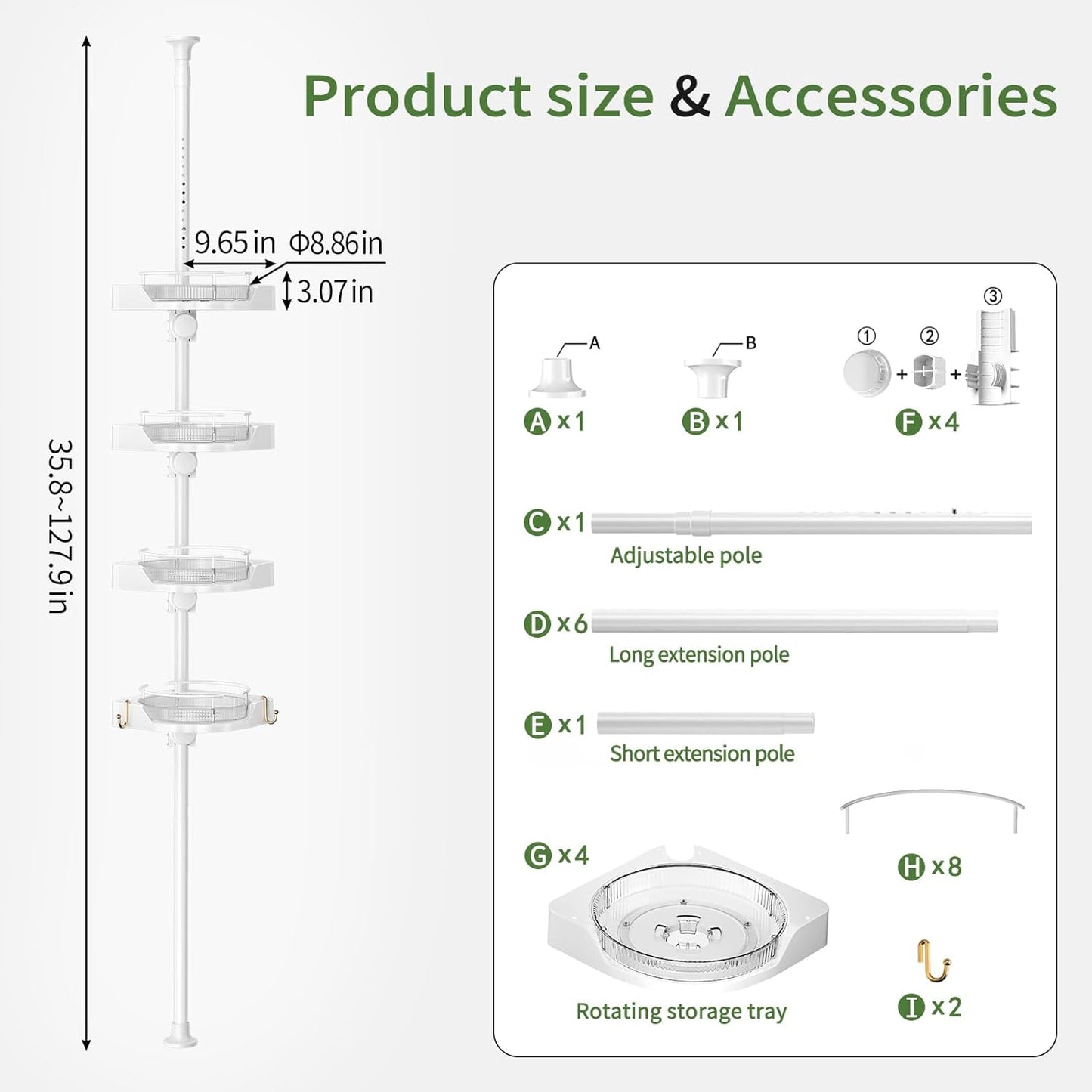 Shower Caddy Tension Pole with 4 L-Lazy Susan Organizer 360 Rotating 35-128 Inch No Drilling Floor Standing Shelves Adjustable Shower Rack for Bathroom Corner (White)