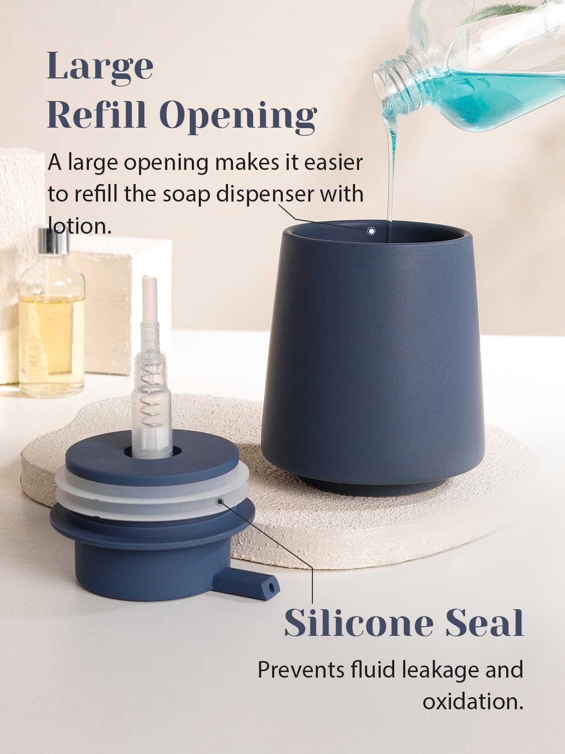 INGOFIN Ceramic Soap Dispenser, 14 oz Bathroom Hand Soap Dispenser, Liquid Dispenser with Pump, Refillable Modern Lotion Dish Dispenser for Kitchen, Matte Blue