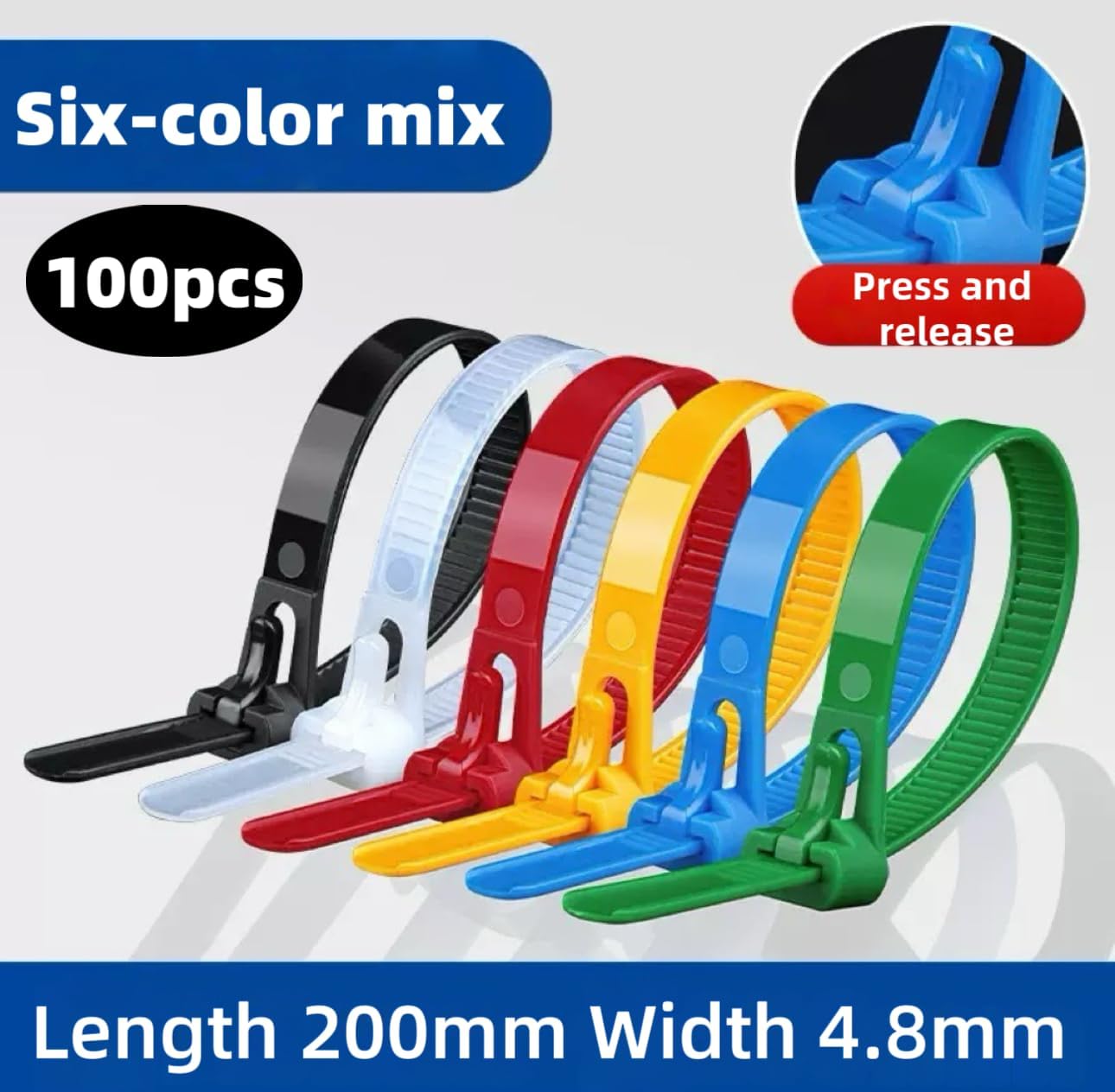 8 Inch 100 PCS Color Releasable Cable Zipper Cable Ties,Adjustable Reusable 50 Lbs Tensile Strength Nylon Cable Ties，Suitable for multi-purpose plastic cable ties in homes, offices and workshops