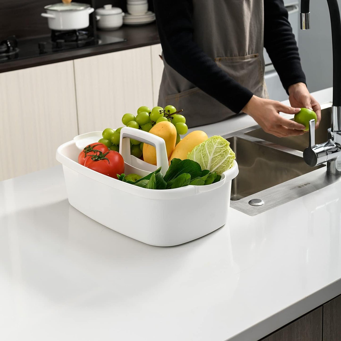 ALINK Large Plastic Shower Caddy Tote, Portable Storage Caddy Basket Organizer with Handle for Dorm, Bathroom, Tool, Garden, Kitchen, Cleaning Supplies - White