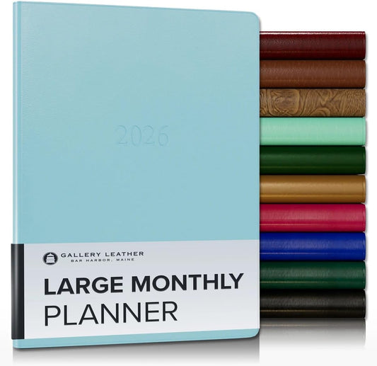 Gallery Leather Large Monthly Planner 2025-2026, Elegantly Bound Calendar Planner and Notebook with Stylish Gold-Gilded Page Edges, 18 Months - Caribbean Aqua - 9.75x7.5"