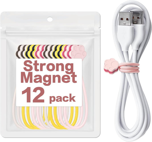 Cute Dog Paw Magnetic Cable Ties (12 Pack, 7.28 In) silicone cable ties reusable,Strong magnetic adsorption,Great for Bundlingand Organizing, Holding Stuff Book Markers, Fridge Magnets (Multicolor)
