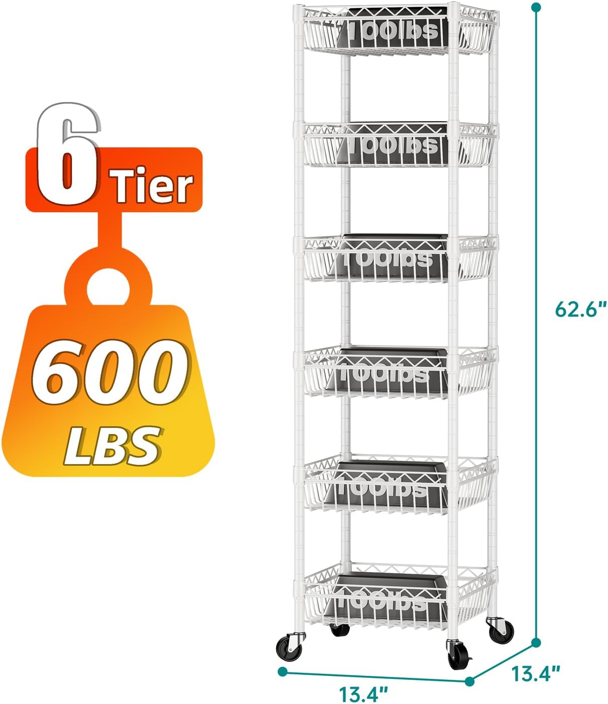 SINGAYE Shelf 6 Tier Wire Shelving Unit with Wheels Baskets Storage Rack Corner Shelves Adjustable Closet Bathroom Organizers Metal Pantry Kitchen Garage Laundry Room 13.5" D x 13.5" W x 63" H White