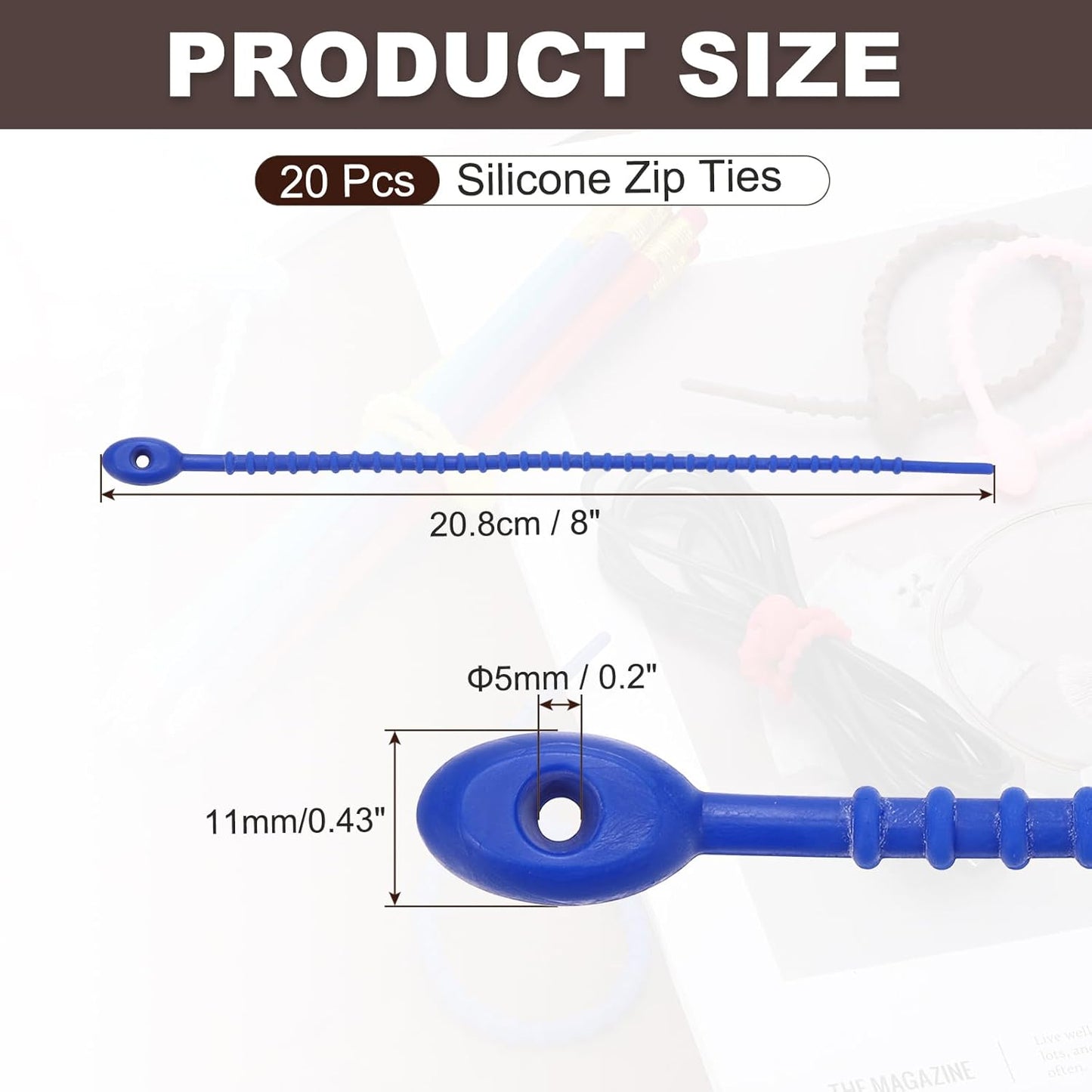 PATIKIL 8 Inch Silicone Cable Ties, 20pcs Rubber Reusable Twist Zip Ties Organizer for Home Office Kitchen Food bags Wires Adjustable Bag Clip, Dark Blue