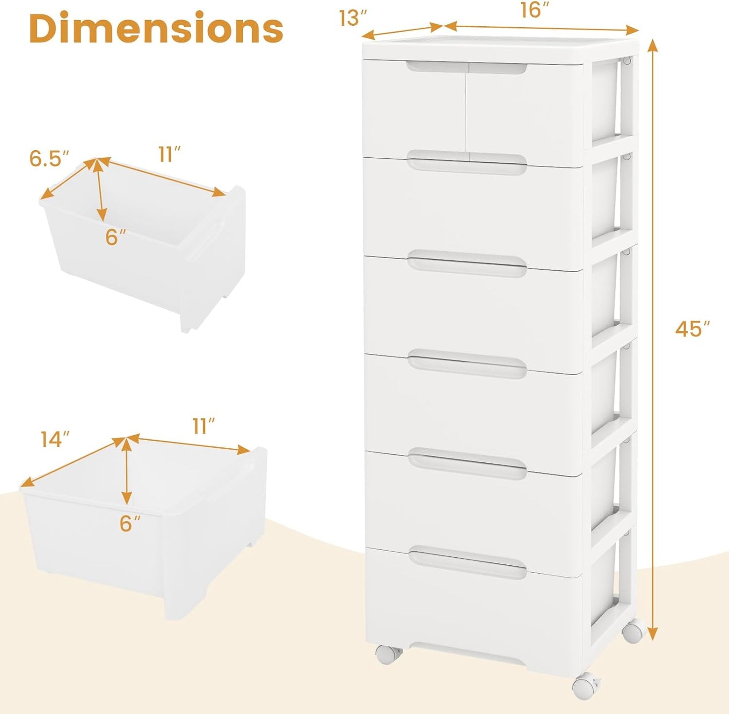 LOKO 7-Drawer Plastic Rolling Storage Cart, Mobile Storage Cabinet with 4 Universal Wheels, Vertical Storage Tower Container Unit for Living Room, Bedroom, Home Office, White (16”x13"x45” (7 Drawers))