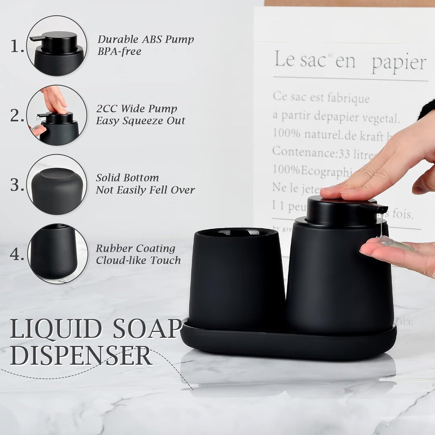 BosilunLife Black Bathroom Accessory Set - 3 pcs Ceramic Bathroom Soap Dispenser Set Farmhouse Bathroom Counter Decor Set Accessories, Soap Dispenser and Toothbrush Holder, Tray (Liquid Pump)