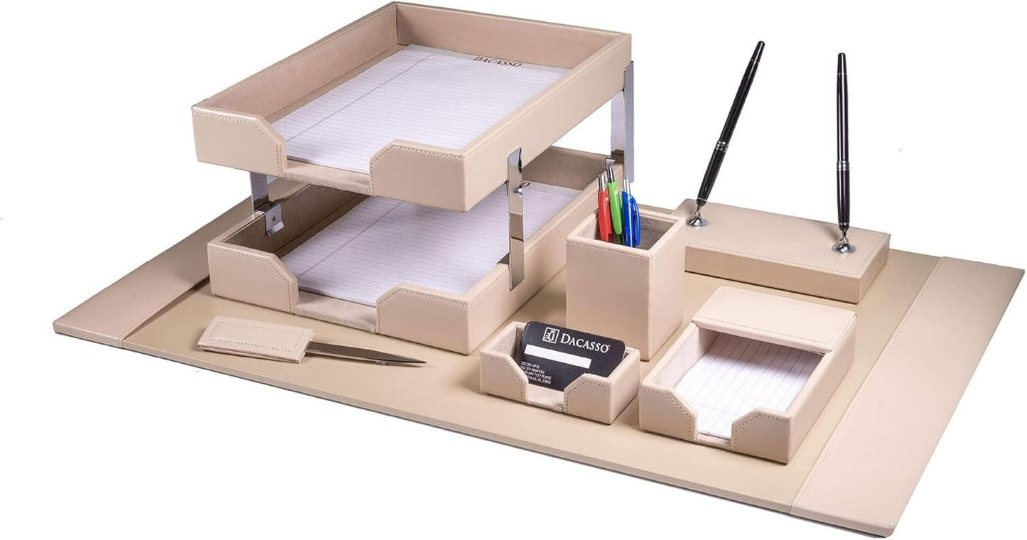 Dacasso Bonded Set Luxury Leather Desk Pad & Desk Organization Essentials, 9 Piece, White Latte