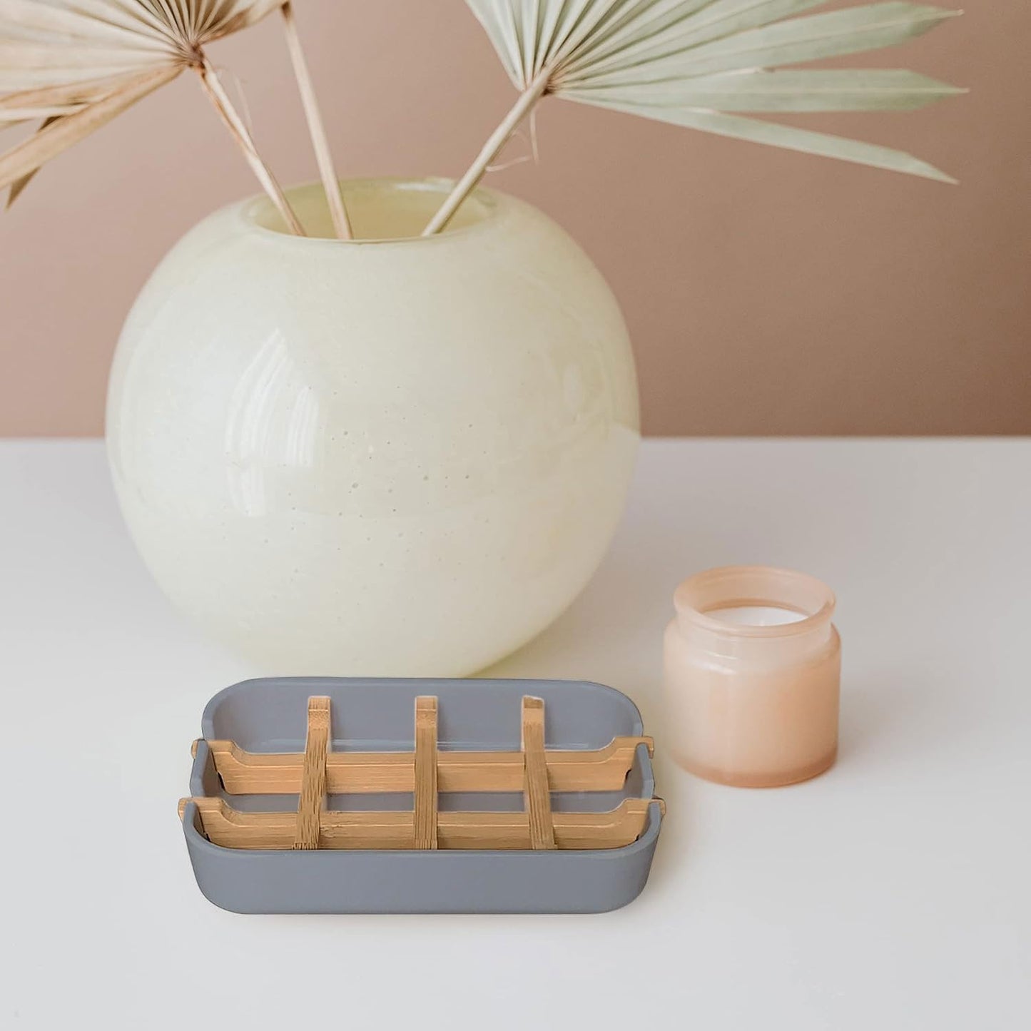 Aoheuo Modern Bamboo Fiber soap Holder and soap Dish Combination (Removable), Gray, 5.12 Long by 3 Wide, 0.98 inches high, Used in Kitchens, bathrooms, and bar Sinks