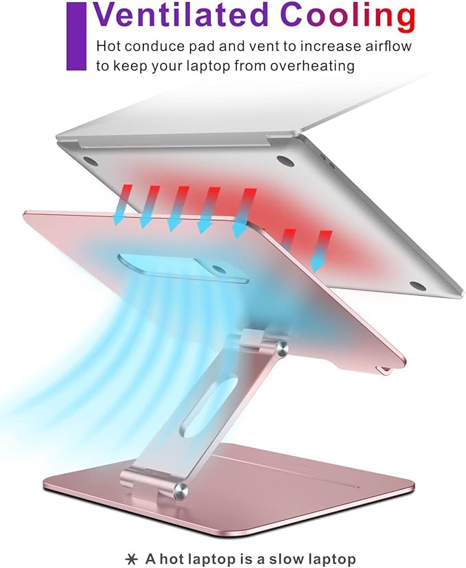 Adjustable MacBook Pink Laptop Stand for Desk | Ergonomic Aluminum Laptop Riser with Heat-Vent, Compatible for 10-17" Laptops, Rose Gold