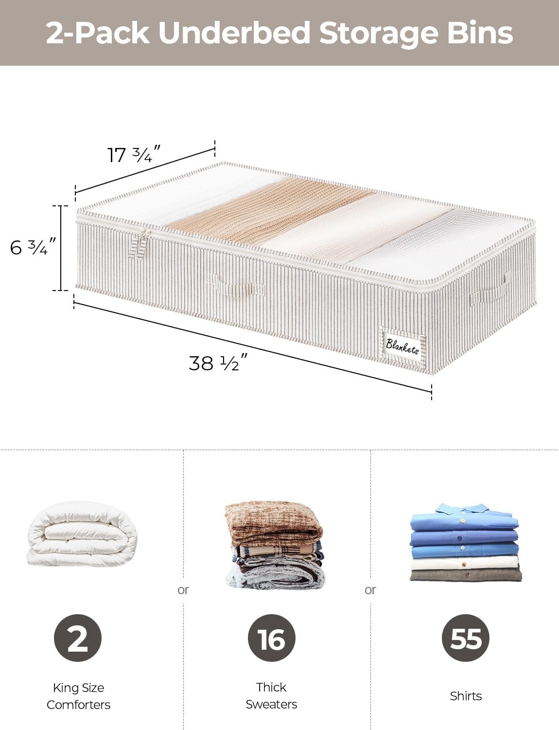 StorageWorks Extra Large Under Bed Storage Containers with Handles and Label Holder, 2 Pack Ultra-thick Fabric Underbed Bins, Closet Organizer for Clothes, Blankets, Sweater