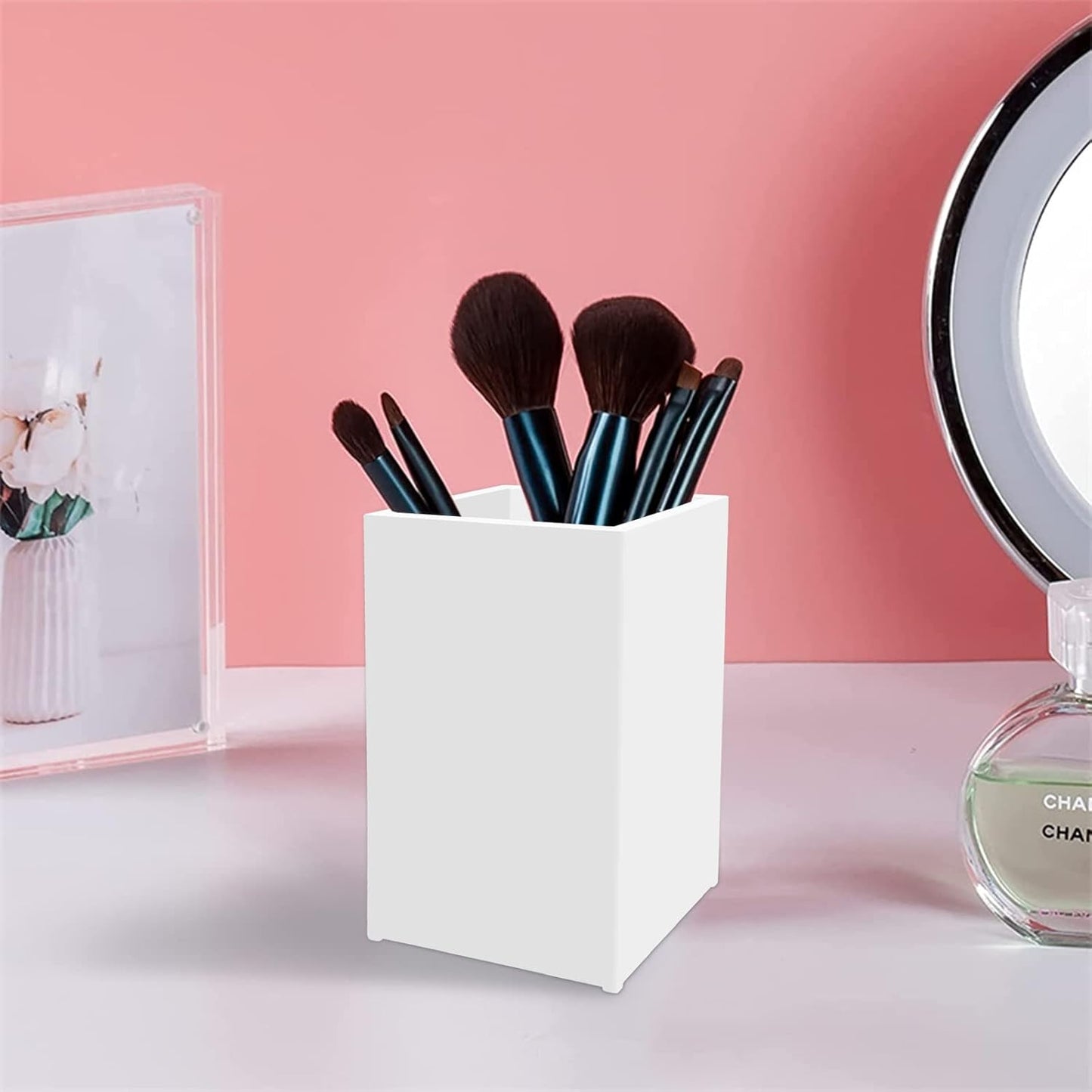 White Acrylic Pencil Pen Holder Cup 2 Pack,Desk Accessories Holder,Makeup Brush Storage Organizer,Modern Design Desktop Stationery Organizer for Office School Home Supplies,2.6x 2.6x 4 inches