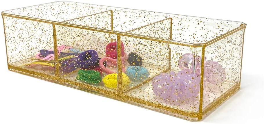 Isaac Jacobs Clear Acrylic 3 Section Organizer- Three Compartment Drawer Tray and Storage Solution for Office, Bathroom, Kitchen, Supplies, and More (Gold Glitter)