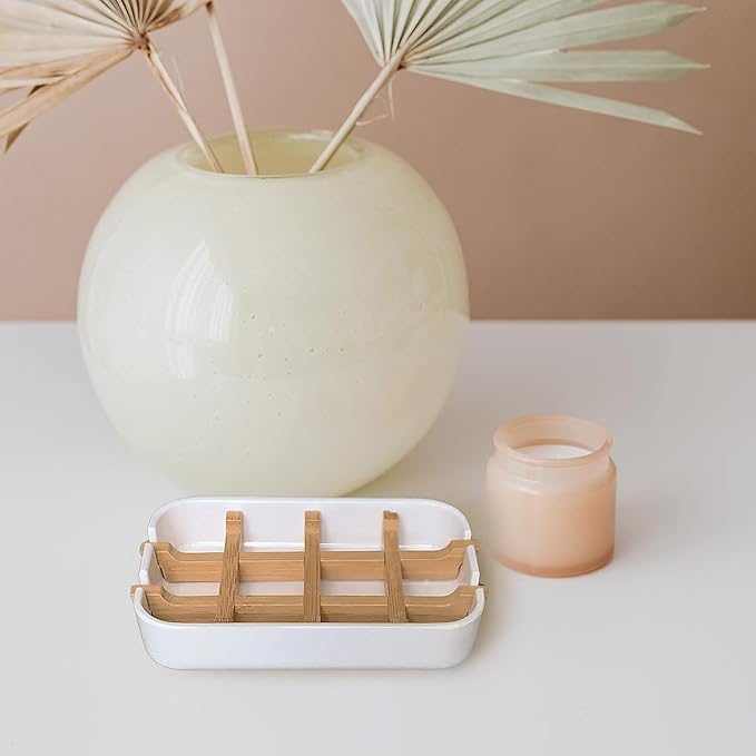 Aoheuo Modern Bamboo Fiber soap Holder and soap Dish Combination (Removable),5.12 Long by 3 Wide, 0.98 inches high, Used in Kitchens, bathrooms, and bar Sinks (Off White,White)