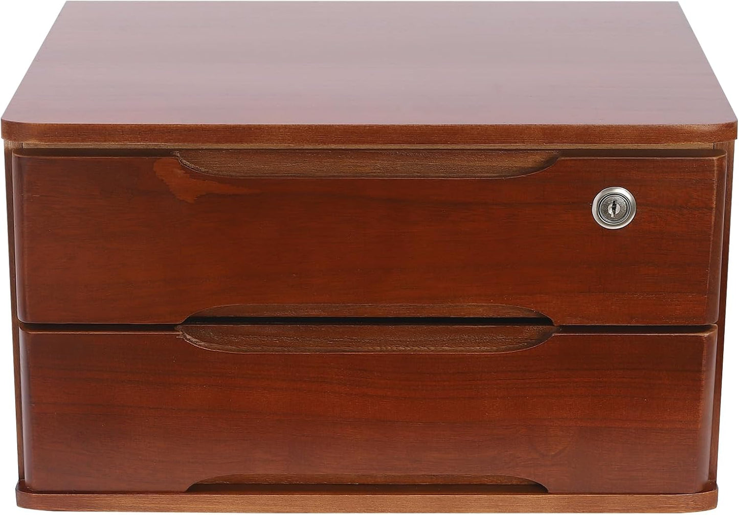 2-Tier Wooden Desktop Storage Box Desk Organizer with 2 Drawers and Lock Countertop Drawers Organizer for Office Supplies File Paper Cosmetic Jewelry, 15.4x11.8x8.5 in (Dark Brown)