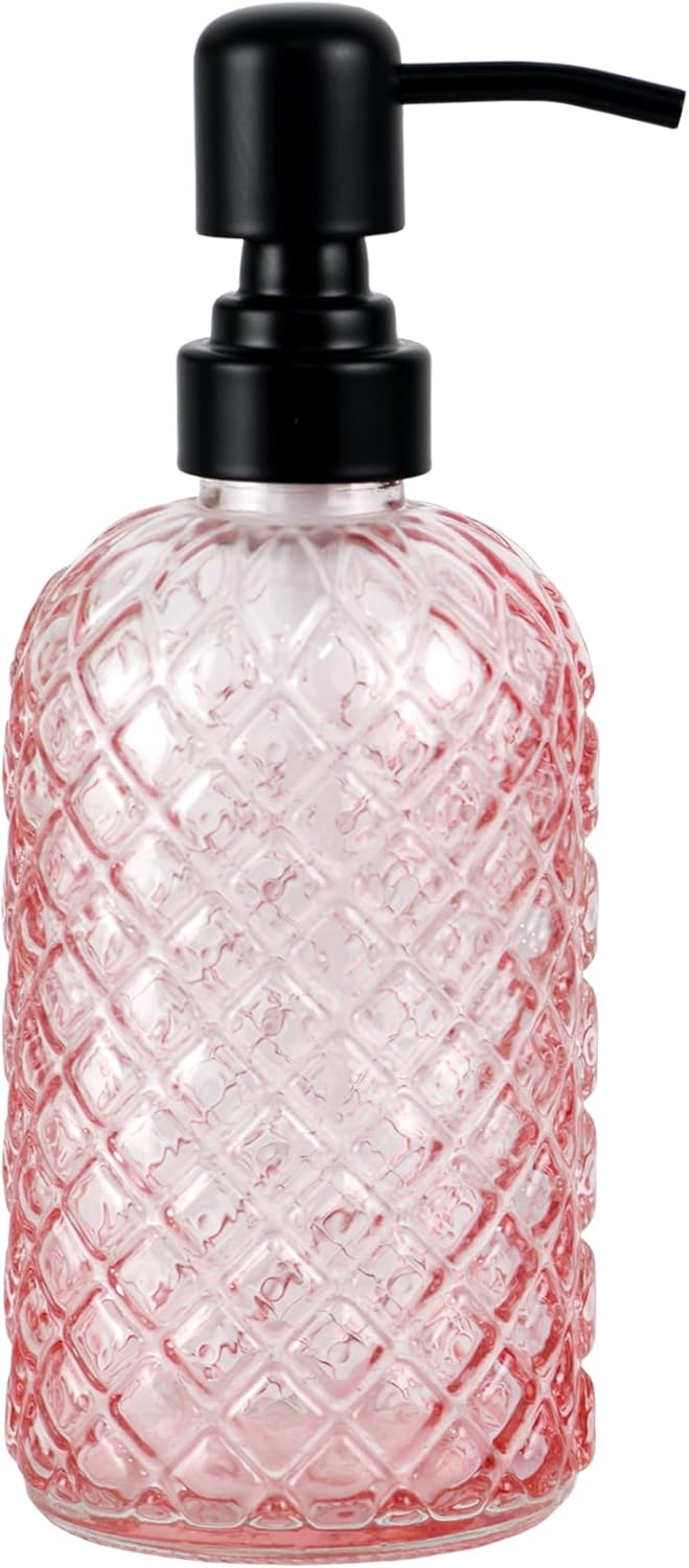 12Oz Glass Soap Dispenser with 304 Black Rustproof Stainless-Steel Pump, Refillable Glass Soap Dispenser for Kitchen, Bathroom, Farmhouse (Pink)