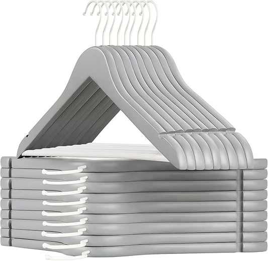 TOPIA HANGER Premium Wooden Hangers with Non-slip Pant Bar, 360°Swivel Hook and Shoulder Notches, 16 Pack Solid Wood Clothes Hangers for Suit, Coat, Jacket, Camisole(Grey/White)-CT35GW6