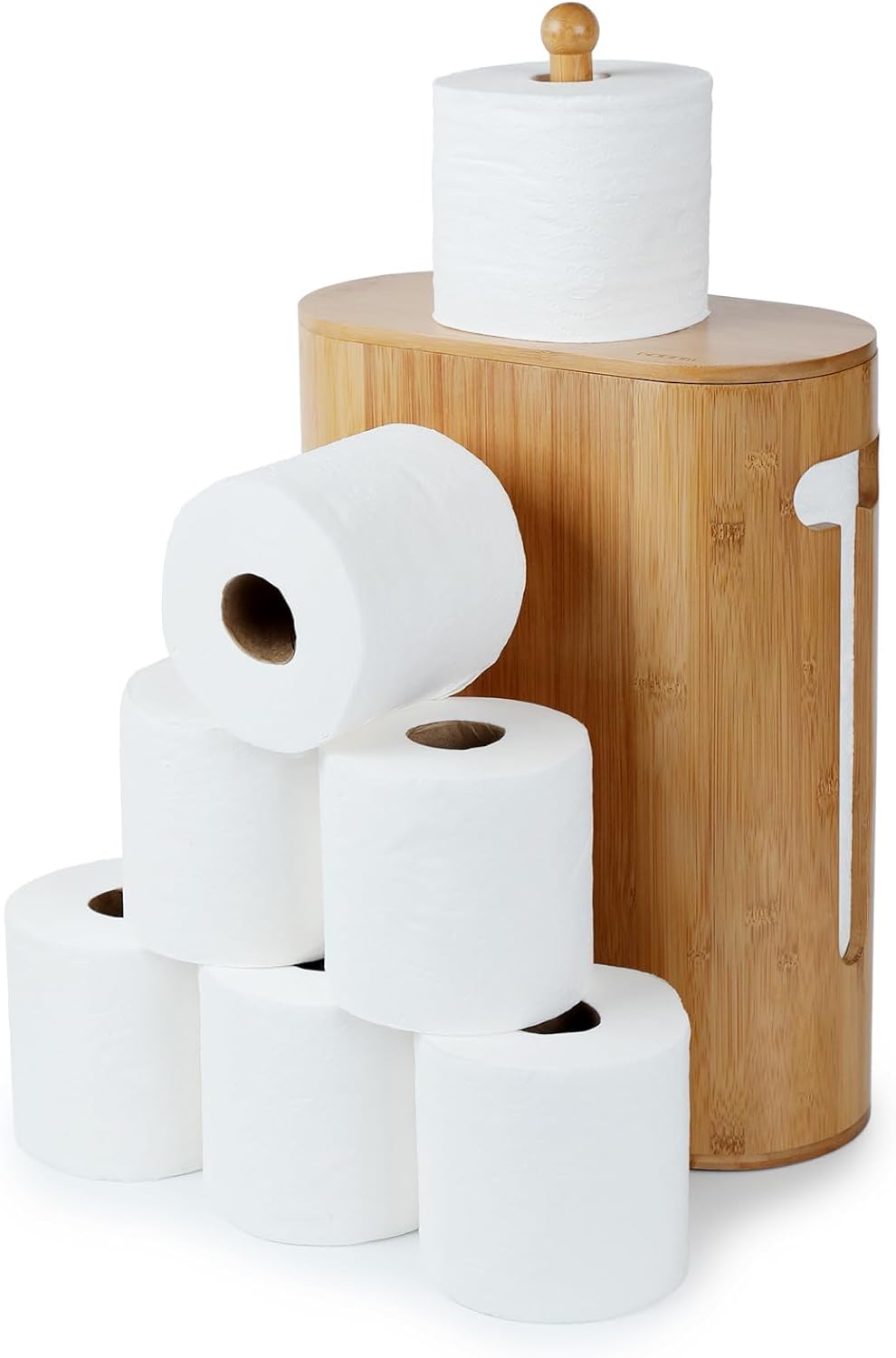 Gobam Bamboo Toilet Paper Storage with Dual-Use Lid, Freestanding Bathroom Tissue Organizer with Viewing Slot, Built-In Handle, Anti-Slip Base, Compact Toilet Paper Holder Stand for up to 6 Mega Rolls