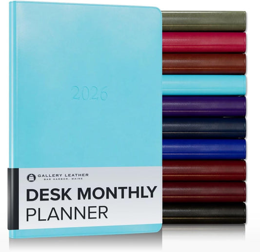 Gallery Leather Desk Monthly Planner 2025-2026, Elegantly Bound Calendar Planner and Notebook with Stylish Gold-Gilded Page Edges, 18 Months - Acadia Pool - 8x5.5”
