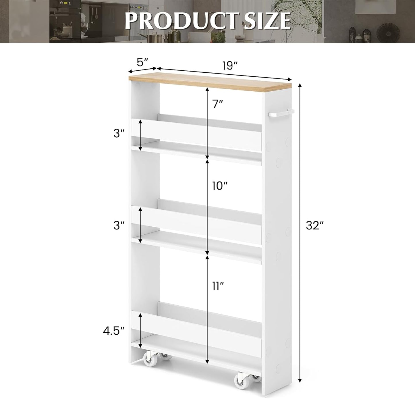 LOKO Slim Storage Cart, 4-Tier Rolling Cart with Handle & Wooden Top for Kitchen Bathroom Laundry Living Room Narrow Small Spaces, 5 Inches Width (White & Natural)