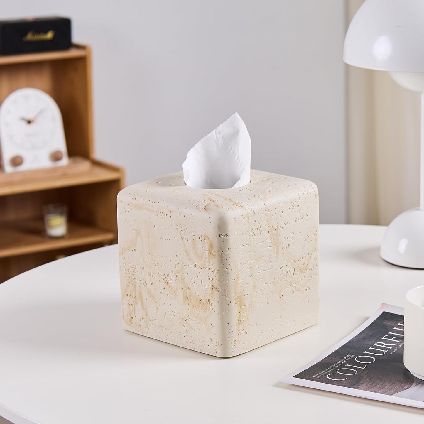 Natural Travertine Tissue Box Cover – Modern Resin Cube Holder for Bathroom, Bedroom, Office – Decorative Square Tissue Box for Countertop, Nightstand, Vanity & Desk – Heavy&Sturdy