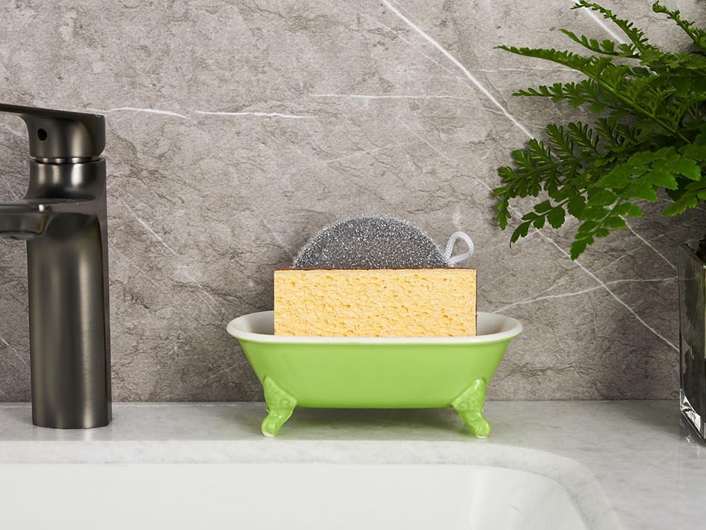 6.5" Ceramic Mini Decorative Clawfoot Bathtub Bar Soap Dish, Kitchen Sponge Holder and Shower Tray for Bathroom, 1 Pack(Lime)