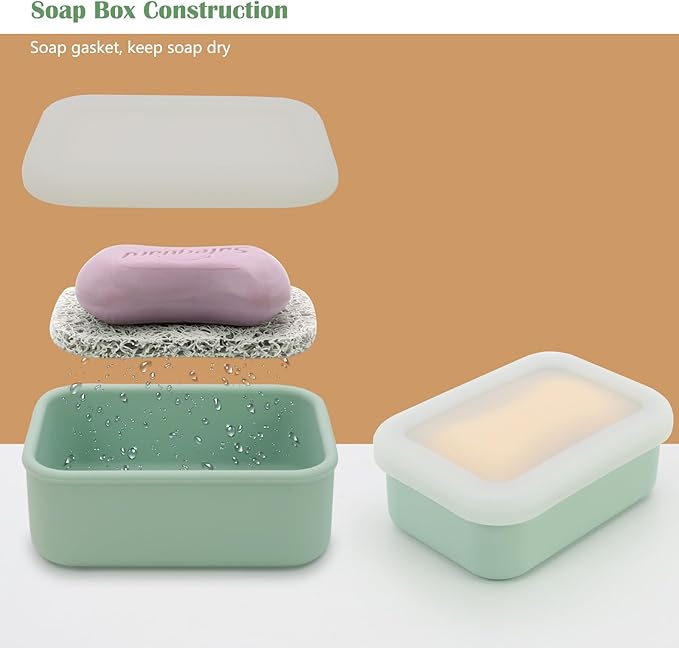 OLAMAR Portable Travel Soap Case with Draining Layer,Enhanced Leak Proof Silicone Travel Soap Container,Shatterproof Soap Holder for Traveling, Camping, Gym, Dorm, Bathroom (Green, Small)