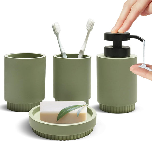 Resin Bathroom Accessories Set, 4 Pcs Modern Bathroom Accessory Set with Liquid Plastic Pump Lotion Soap Dispenser,2 Toothbrush Cup, Soap Dish Countertop Vanity Organizer(Sage Green)