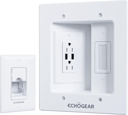 ECHOGEAR TV Cord Hider for Wall Mounted TV with 2X AC Outlets & 2X USB-A Ports - Hide Power Cables & Low Voltage Wires Behind The Wall - Includes Template, Saw, & Low Profile Extension Cord - White
