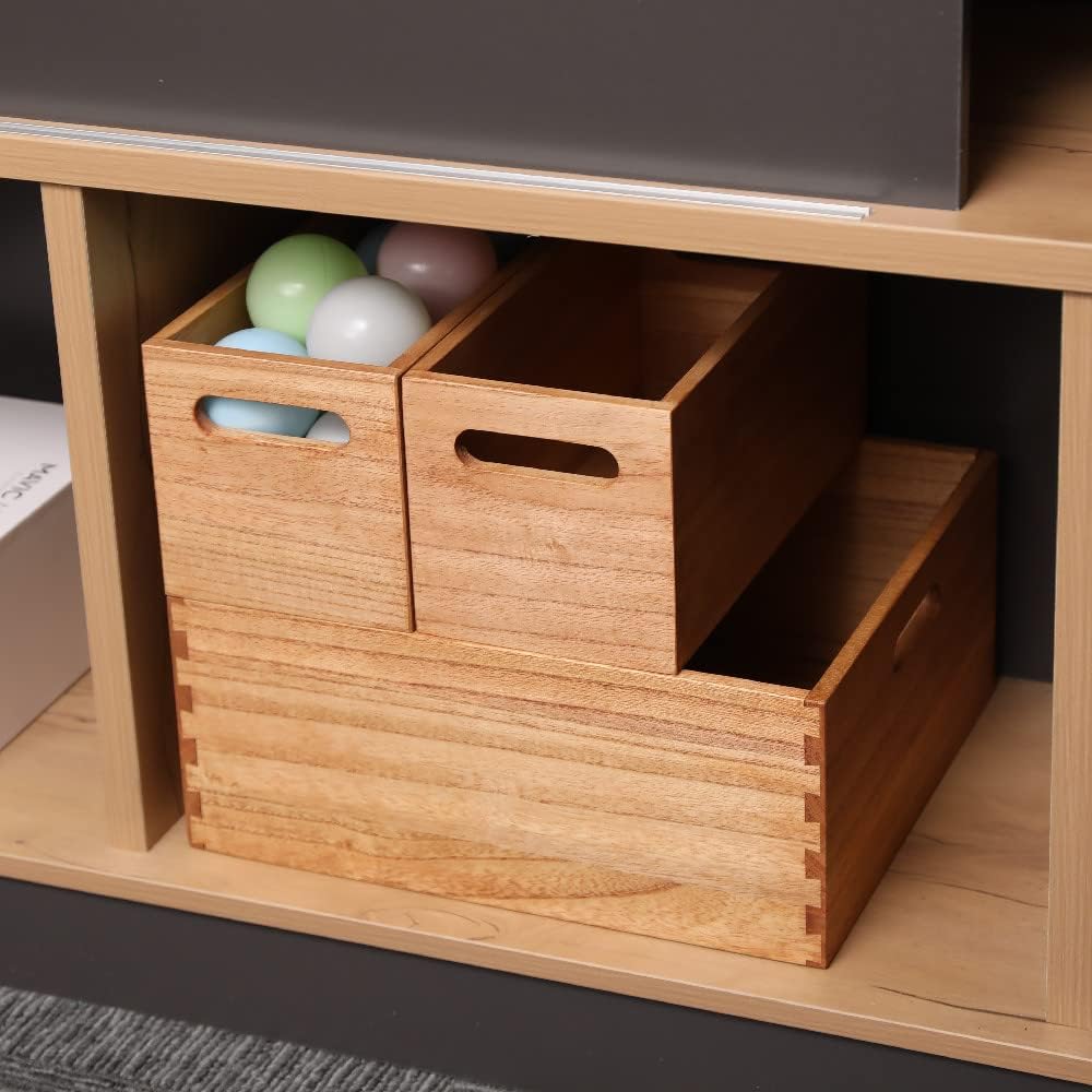Wooden Baskets for Clothes Storage and Shelf Organizing -Natural Wood Decorative Storage Boxes with Handles for Office Bookshelf and Closet- Cabinets Cube Bins Organizer Light (3TH-LT)