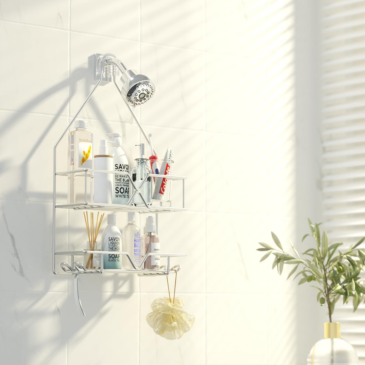 TreeLen Rustproof Shower Caddy, Hanging, Stainless Steel, 4 Hooks, 2 Shelves, Non-Slip