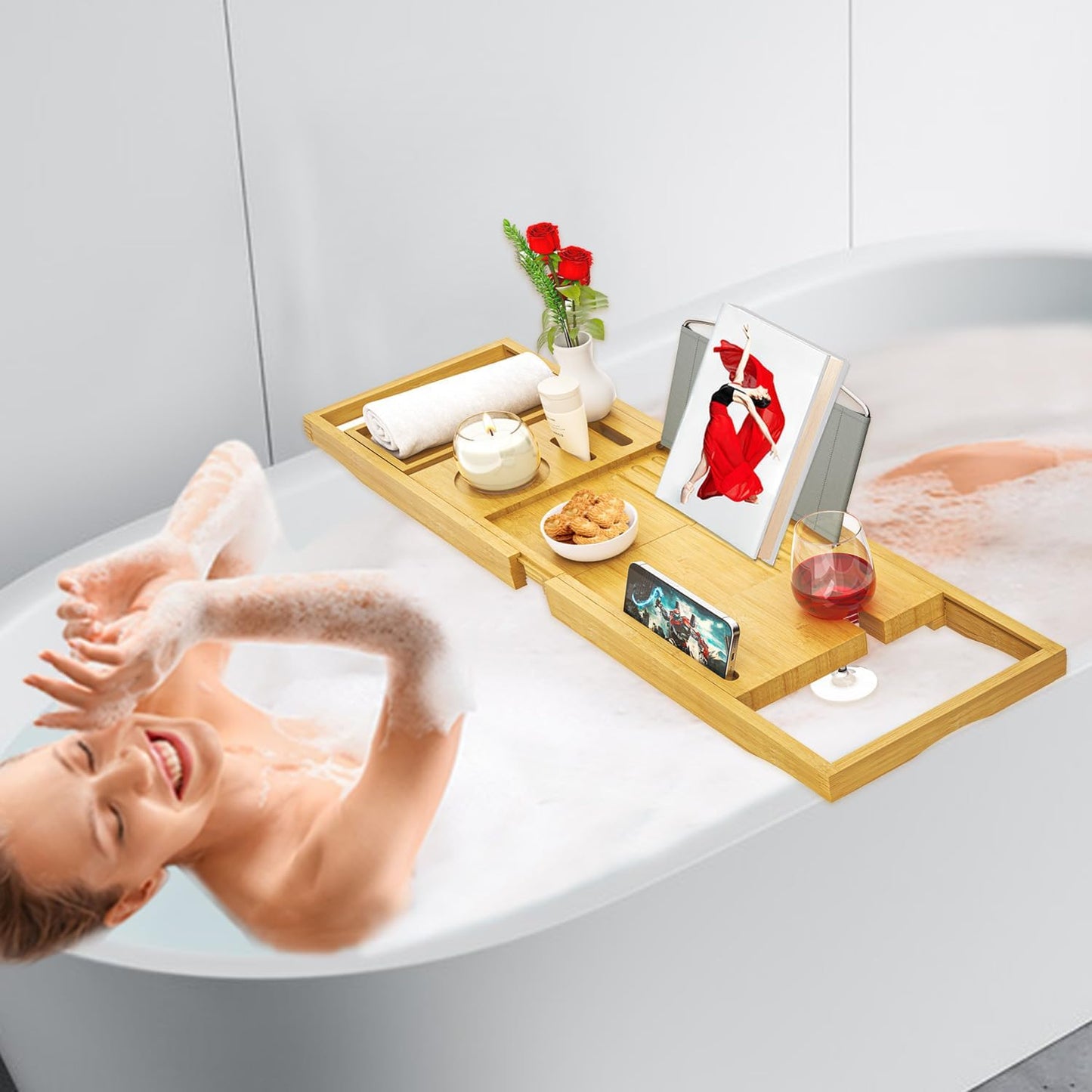 Premium Bathtub Tray Caddy, Expandable Bath Tray for Bath Tub, Bath/Bathtub Table Tray, Great House Warming, Anniversary & Wedding and Unique Birthday Gifts