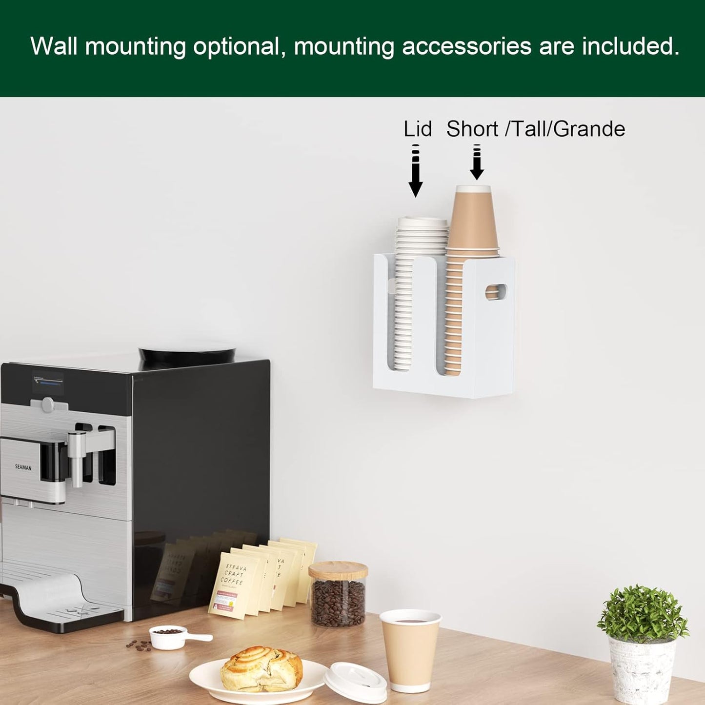 Disposable Coffee Cup Dispenser with Handles, Countertop or Wall Mount Hot/Cold Drink Cup and Lid Holder - Bathroom/Kitchen/Office Acrylic Cup Lid Storage Organizer (2 Compartments, White)