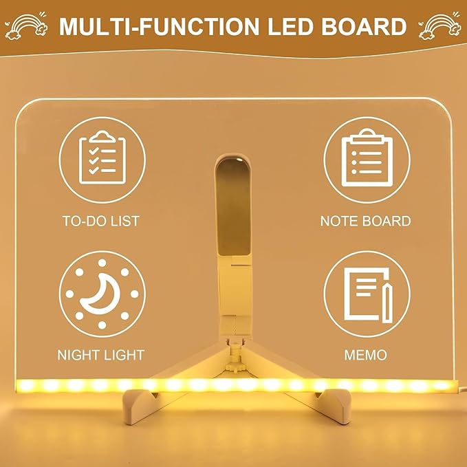 LED Note Board with Colors 12-Color Illuminated Acrylic Drawing Board - Dry-Erase Night Light with Stand for Home/Office/Gift/Festival (12" W x 7.9" H)