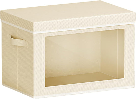 Collapsible Storage Bins with Lids - Stackable Storage Containers with Window, 1 Pack Fabric Organizing Bins for Closet, Home & Office Organization Baskets, Beige, 14.9" x 9.8" x 9.8"