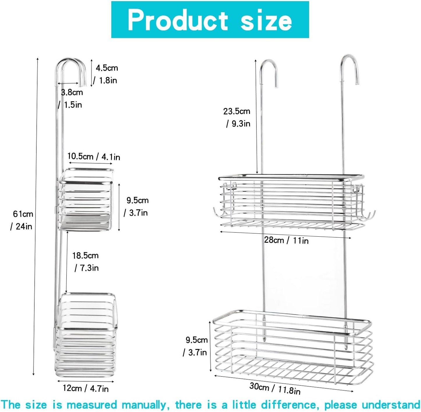 YQh Stainless steel double-layer shower rack, shower room hanging bathroom organizer, storage rack installed on the hanging bar or door, can store shampoo, hair conditioner, shower gel (double)