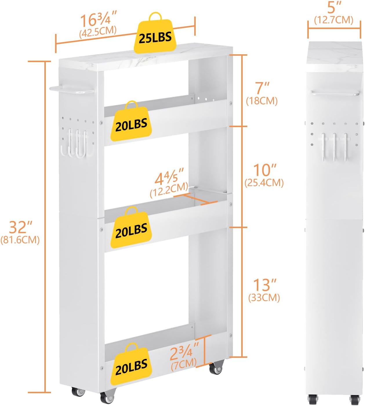 Slim Storage Cart, 4-Tier Kitchen Rolling Cart Narrow Storage Cabinet with Handle & Wheels, Metal Rolling Shelf Unit for Kitchen Bathroom Laundry Small Places(5 in Width/White)