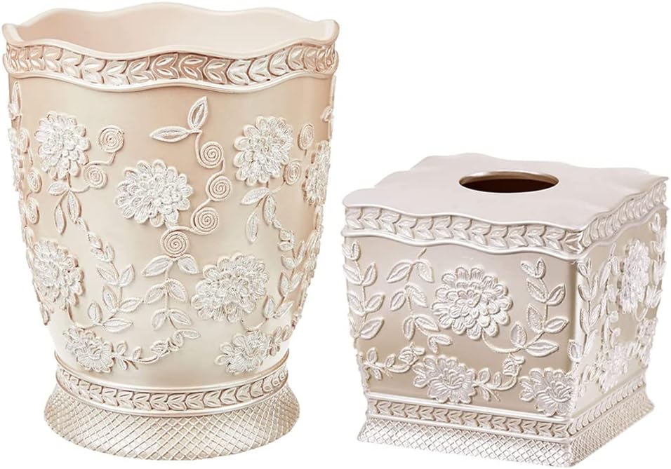 Zahari Home 2pc Rose Vine Bathroom Set Waste Basket & Tissue Cover Modern Classic Decor Stylish Unique Design Beautiful Beige Bathroom Accessories Set