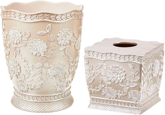 Zahari Home 2pc Rose Vine Bathroom Set Waste Basket & Tissue Cover Modern Classic Decor Stylish Unique Design Beautiful Beige Bathroom Accessories Set