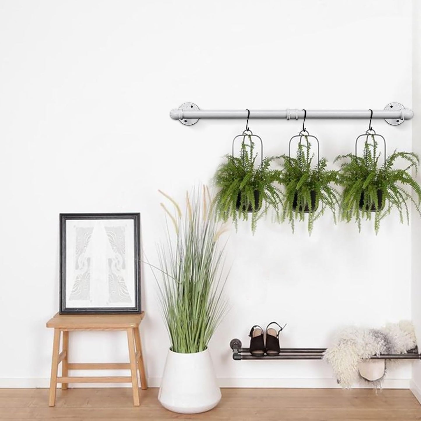 Industrial Iron Pipe Clothes Hanging Bar DIY Wall-Mounted Garment Rack Heavy Duty Clothing Rack for Bedroom, Laundry Room, Closet Storage (White 28 inch)