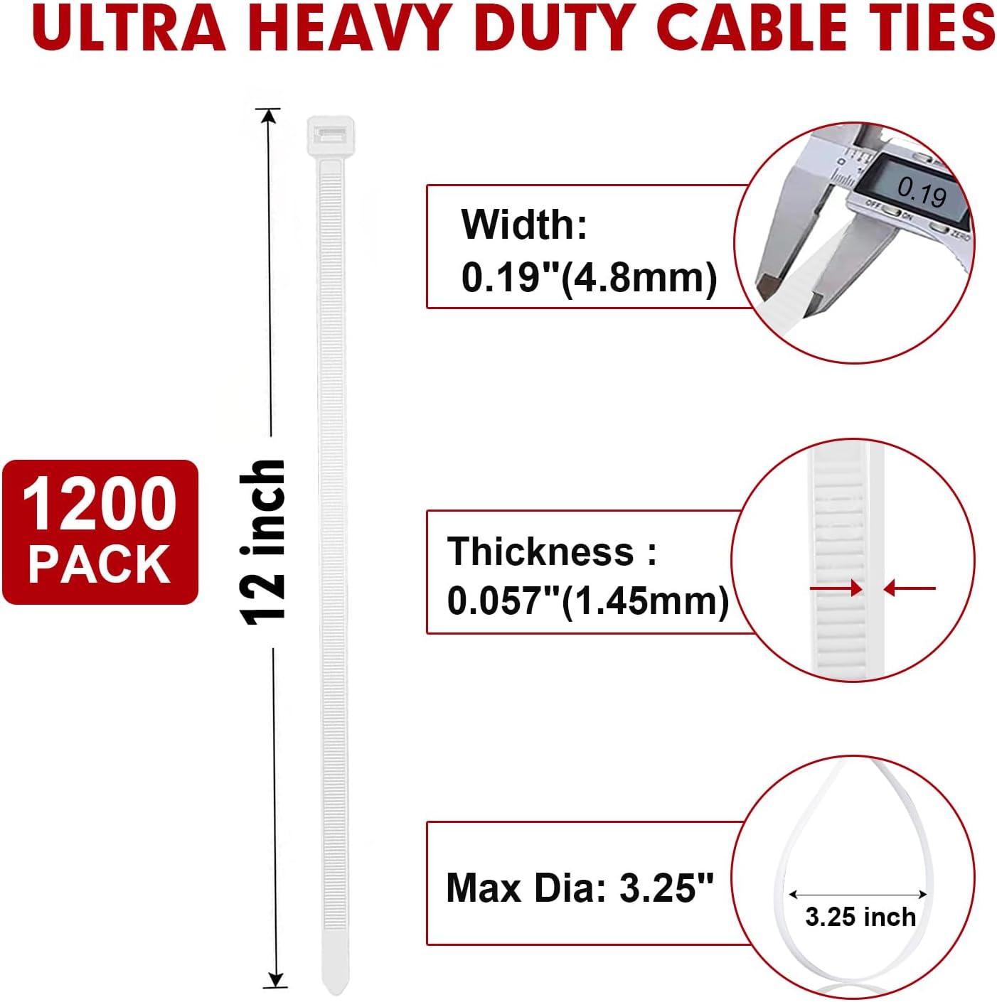 Zip Ties, RAZCC 1200pcs Cable Zip Ties 12 Inch, Heavy Duty White Plastic Wire Ties with 70lb Tensile Strength, Self-Locking Nylon Cable Ties, Wire Management for Indoor and Outdoor