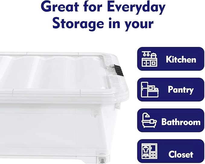 50 Quart Clear Latch Bin with Lid, Large Plastic Under Bed Storage Box, 3 Pack