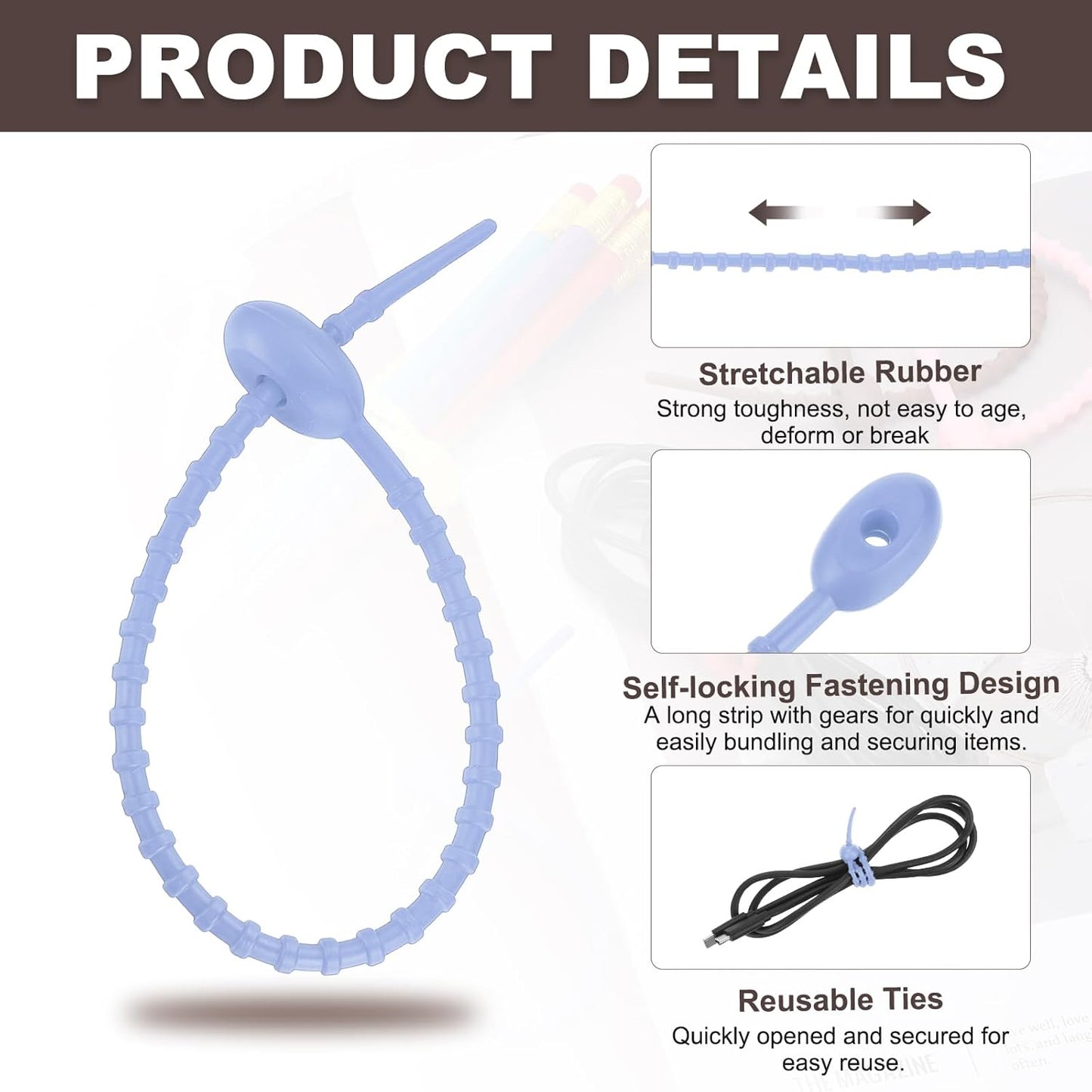 uxcell 20 Pcs Silicone Ties Bag Clip, 8.5 Inch Multi Purpose Silicone Zip Ties Reusable Rubber Zip Tie, Cable Strap Cord Organizer for Home Office Food Bag Wires Cables, Pink Purple