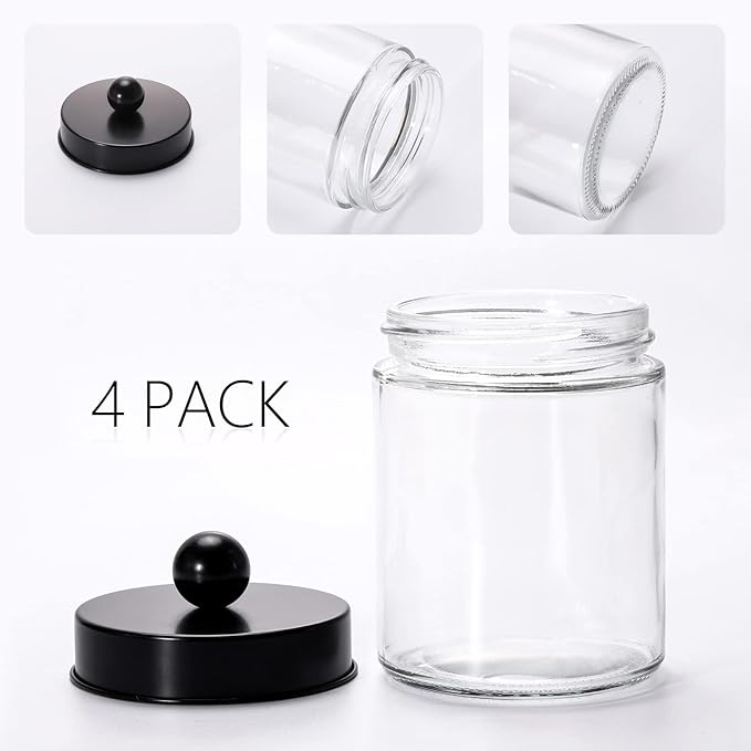 Tbestmax Glass Qtip Holder Dispenser, 10-Ounce Bathroom Containers Apothecary Jars with Metal Lids for Cotton Ball Swab Pad, Black (4 Pack)
